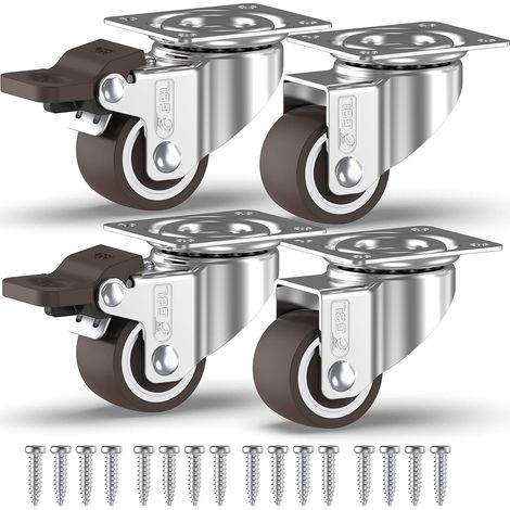 Roulettes pivotantes pour meubles, 2 avec freins et vis incluses - 33 mm à 40 kg - Mini roues non marquantes pour charges lourdes - Résistantes aux frottements (1/5)