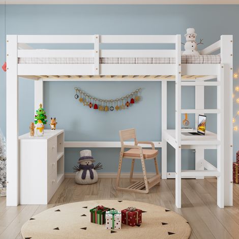 Lit mezzanine enfant avec bureau, commode et étagère, 90x200 cm, bois massif+MDF, blanc, sommier à lattes (1/5)