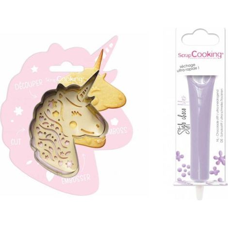 Kit pour biscuit en relief Licorne + Stylo au chocolat lilas