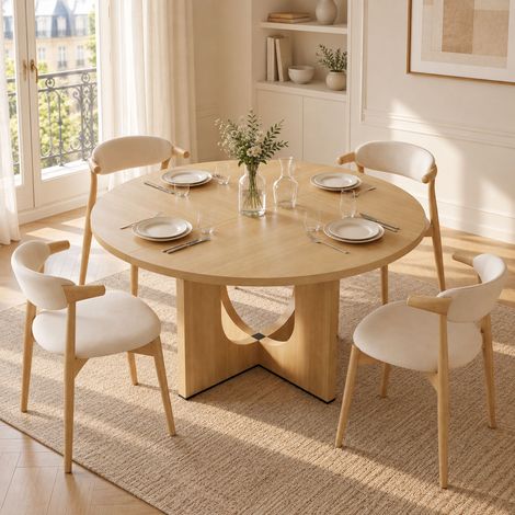 Table à manger ronde Ø120 cm, 4 à 6 personnes, plateau MDF effet chêne, pied central design, style scandinave, sans chaises (1/5)