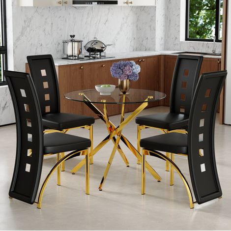 Lot de 1 table ronde et 4 chaises de salle à manger en verre trempé transparent 88 x 75 cm, cuir régénéré noir, métal doré, dossiers perforés FLORAGRACE (1/5)