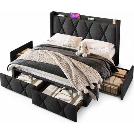 Letto imbottito matrimoniale 160x200 cm con 4 cassetti, testiera con prese e 2 USB, grigio, rete in legno, per camera da letto moderna e ordinata – CHICFURN (1/5)