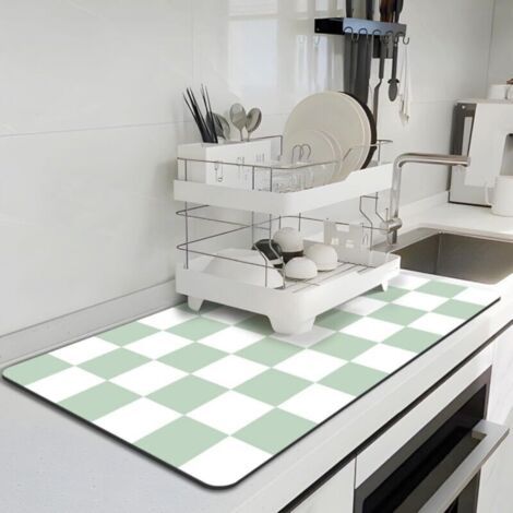 Tapis de séchage Kitchen Drain Mat à carreaux vert, modèle PU-Diatomée 40x30cm, absorbant et antidérapant (1/4)