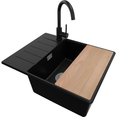 PRIMAGRAN Evier Cuisine en Granit 62x50cm, Lavabo 1 bac + Robinet 32x20cm + Kit de Vidage + Accessoire, Évier à Encastrer au meuble 50cm - Copenhague, Noir (1/5)