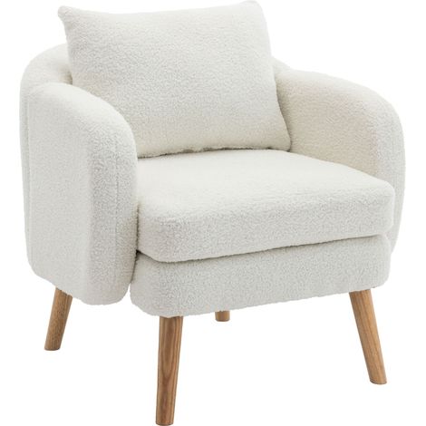 Poltrona lounge in tessuto Teddy bianco con cuscino, seduta extra spessa da 14 cm, struttura in legno, per soggiorno o camera, comfort salvaspazio - CHICFURN (1/5)