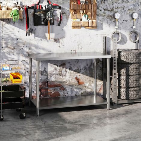 Table de travail, établi d'atelier en acier inoxydable 2 étagère, pour atelier, garage, hangar, 120x60x86cm, argenté (1/5)