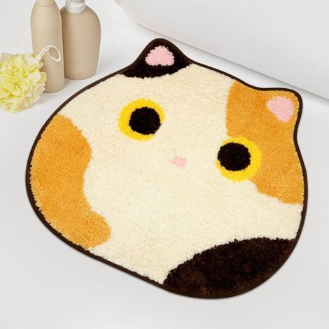 Tapis de Bain Motif Chat Calico Doux Antidérapant 50x55 cm Tapis Salle de Bain Mignon Absorbent Décoration Maison (1/5)