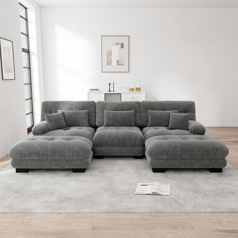 Canapé d'angle modulaire en chenille gris, canapé nuage U convertible avec pouf, assise profonde pour salon 313x145x81cm (1/5)