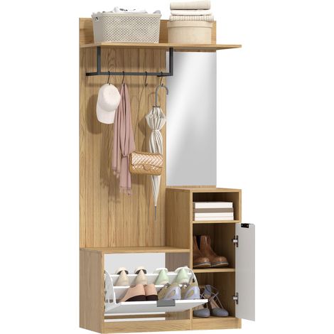 Porte-manteau d'entrée avec tringle, 4 crochets, banc avec étagère à chaussures et armoire, chêne et blanc