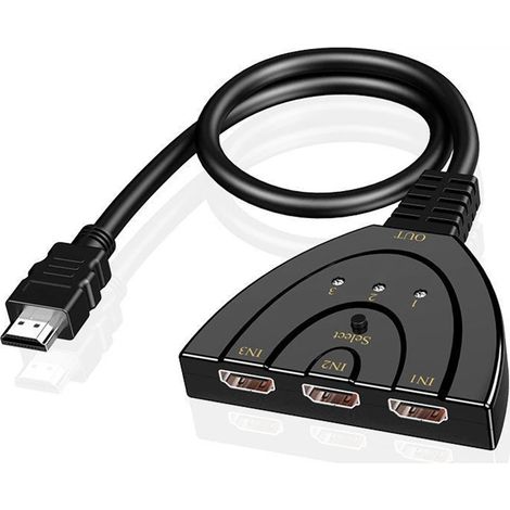 HDMI-Switch mit 3 Eingängen und 1 Ausgang, 1080p 60Hz, Video-Splitter-Adapter, HD-Anschlusskabel, kompatibel mit TV, PC und Konsole, 1 Stück, Schwarz