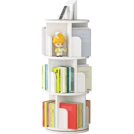 Bibliothèque Rotative en Bois Massif, Affichage à 360 Degrés, étagère De Rangement pour Enfants Et Adultes, Organisateur De Bibliothèque Multifonction (3 étages, Blanc, 40x40x98CM) (1/5)