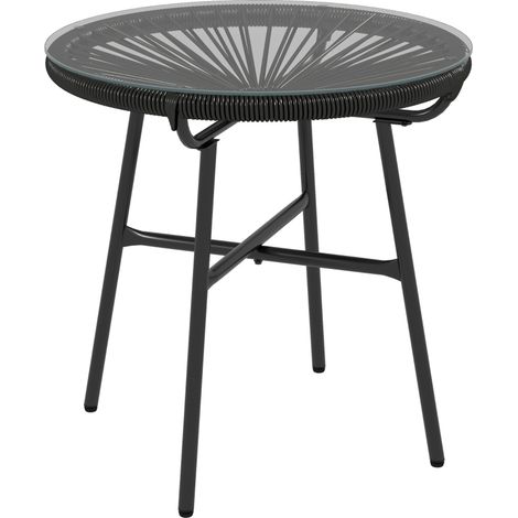 Table basse ronde de jardin en résine aspect rotin métal et plateau verre trempé Ø 50 x 50 cm noir (1/5)