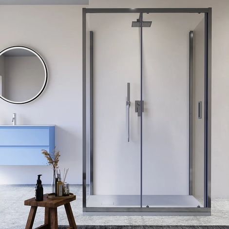 Cabine de douche chromée à 3 côtés 70 x 100 x 70 cm avec porte coulissante et double paroi fixe en verre transparent de 6 mm h 185 cm (1/4)