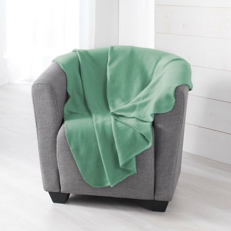 Plaid 125 x 150 cm – Polaire Uni MILOU – Sauge – Finition Point Cavalier (1/3)