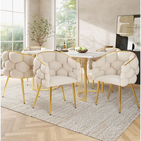 Ensemble table et 6 chaises de salle à manger, table 140 × 80 cm effet marbre, chaises en velours beige, pieds en métal doré, pour cuisine ou séjour - CHICFURN (1/5)