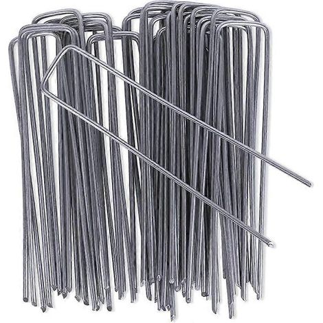 Lot de 50 piquets de jardin robustes en forme de U pour toile de paillage, en acier galvanisé argenté, 4 x 15 cm (1/5)