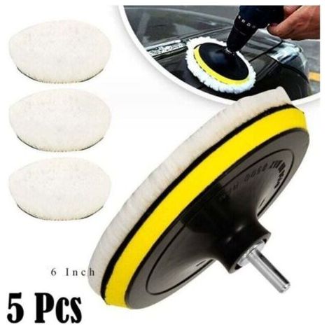 5-teiliges Set bestehend aus 150-mm-Wollpolierpads, Polierscheiben, Polierschwämmen und einem M14-Bohrer zum Polieren, Schleifen und Wachsen von Autos.