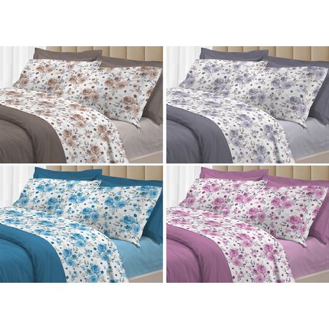 Completo Lenzuola Letto 100% Cotone Italy 3027 Disegno Rosa, misuraPiazza E MezzacoloreAzzurro (1/5)