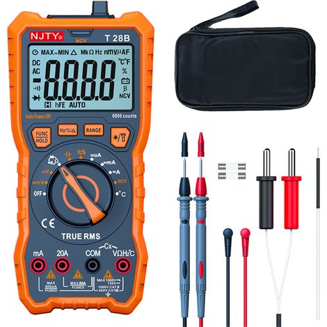Multimetre Automatique NCV, 6000Compt Multimètre Numérique TRMS Testeur Électrique Magnétique avec Pinces Crocodile pour Mesure Tension/Courant AC/DC Continuité Résistance Température Capacité