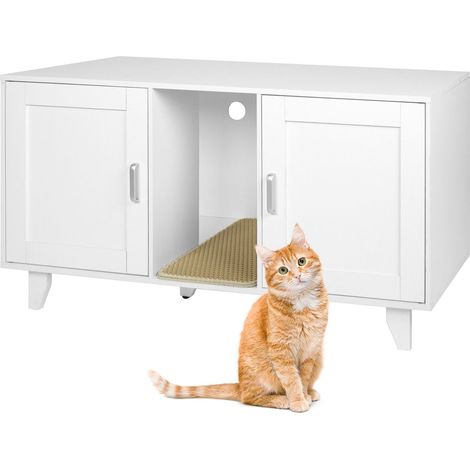 Armario arenero Relaxdays, XXL, 2 cámaras, caseta gatos con alfombra arenero, 65x120x52 cm, blanco