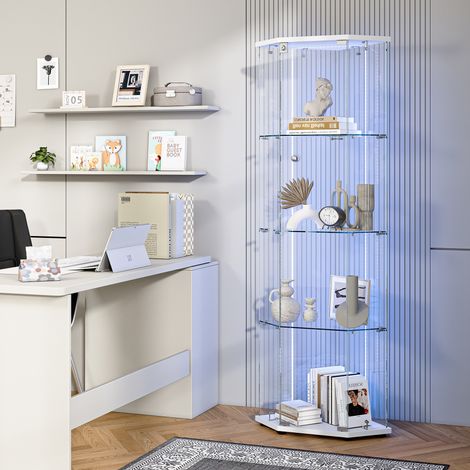 Vetrina in vetro temperato 42,5x60x162 cm, mobile angolare pentagonale con illuminazione LED intelligente e 4 ripiani espositivi, vetro e legno, bianco