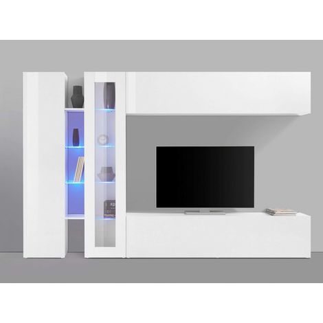 Parete Attrezzata Moderna per Soggiorno 280x30x180cm - ECHO - Colore: bianco laccato lucido
