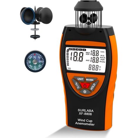 Anemometro digitale, misuratore di velocità del vento a 4 coppe 0,742 m/s, anemometro portatile che misura velocità del vento MAX/MIN/MEDIA e temperatura (℃/℉), indicatore di flusso d'aria con bussola (1/4)