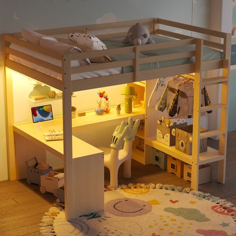 REDOM - Lit mezzanine 140x200 cm bureau intégré, LED, étagères multifonctions, bois massif MDF naturel (Sans matelas) (1/5)