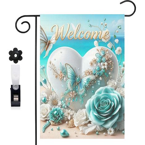 Drapeau de jardin ambiance romantique et roses turquoise 30 x 45 cm décoration cour et balcon (1/5)