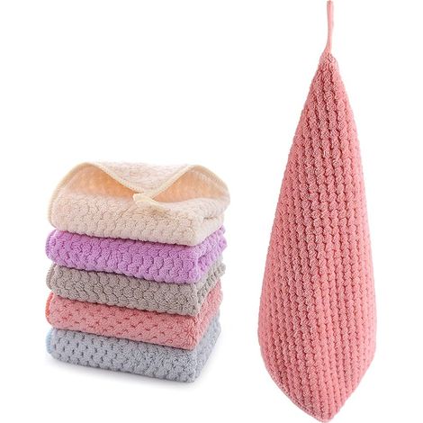 Serviettes de 25 x 25 cm avec boucle de suspension, sèche-mains pour la cuisine et la salle de bain, lot de 5. Super absorbantes et douces. (1/5)