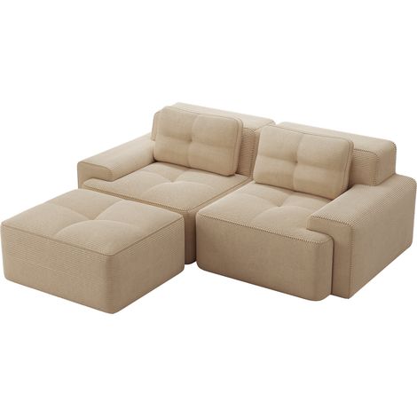 Canapé Modulaire Sans Armature, Moderne en Forme de L pour Salon, Assise Profonde, Tissu Côtelé Nuage avec Ottoman, Capitonné, 2 Places Convertible, Beige (1/5)