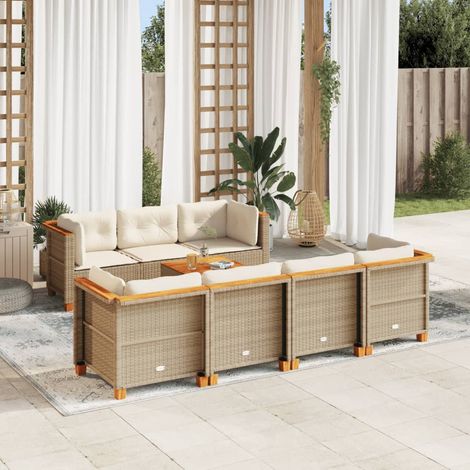 Ensemble Salon Jardin 8 Places Beige Résine Tressée avec Coussins - Table Acacia - Modulaire Extérieur (1/5)