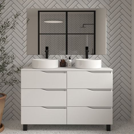 Meuble de salle de bain 120 avec plateau et 2 vasques à poser - 6 tiroirs - blanc - MATA (1/5)