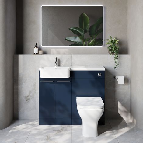 Napoli 250 Deep Blue 1000mm 2 Door Vanity Unit Toilet Suite with Left Hand Round Rico Semi Recessed Basin - 1000mm - Chrome 160mm HandleWith Kingston Toilet Pan and Seat