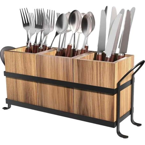 Pot A Ustensiles - 3 Compartiments - Bois Naturel Avec Support Interieur En Fer - Pour Plan De Travail Cuisine - 1 Piece (1/5)