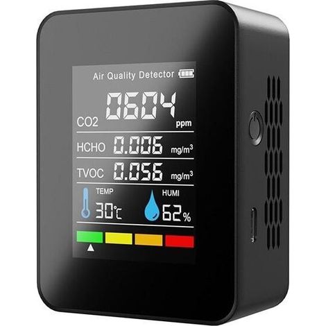 Monitor de calidad del aire 5 en 1, detector de CO2 para interiores, formaldehído, HCHO, TVOC, medidor de temperatura y humedad LCD, alarma de CO2 recargable para dormitorio, oficina e invernadero. (1/4)