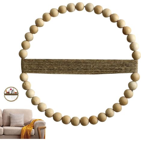Couronne de porte en perles de bois avec design bohème rond, chic de 32 6 x 32,6 cm, couronne décorative pour porte d'entrée et décoration murale, décoration élégante pour la maison et l'affichage (1/5)
