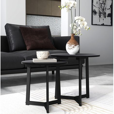 2er-Set Couchtische Ø48/40x45/40 cm Schwarz aus Stahl und MDF, rund, stapelbar, modern (1/5)