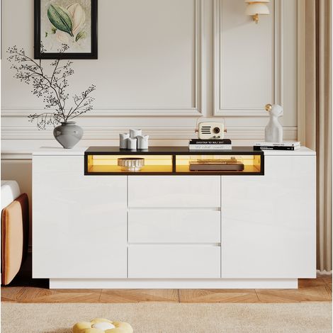 Wohnzimmer-Sideboard 140 x 40 x 68 cm mit 2 Türen, 3 Schubladen, LED, Weiß/Schwarz HAVRYA (1/5)
