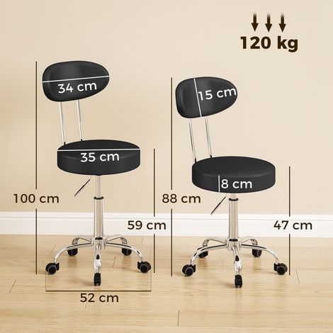 Tabouret réglable en cuir PU (avec roulettes, assise et dossier rembourrés, noir) (1/5)