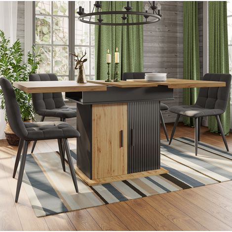 Ausziehbarer Tisch 110-140x80x75 cm Schwarz/Natur in MDF mit beidseitigem Auszug und Stauraum (1/5)
