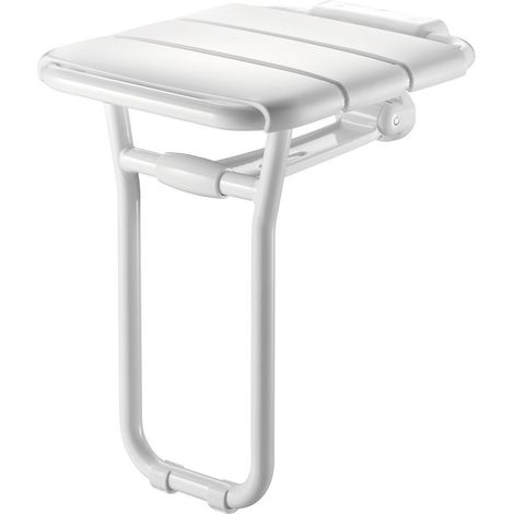 Delabie – Siège de douche relevable avec pied en aluminium époxy blanc – Dimensions 407 x 360 x 480 mm – Assise standard pour personnes à mobilité réduite