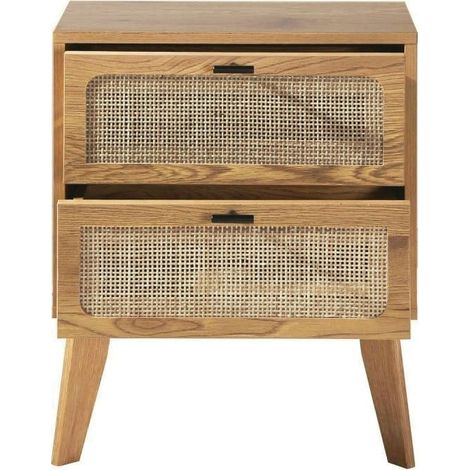 Calicosy – Chevet 2 tiroirs en panneaux de particules décor chêne blond – Façades en rotin avec coulisses à billes – Dimensions L45 x P29 x H56 cm (1/5)
