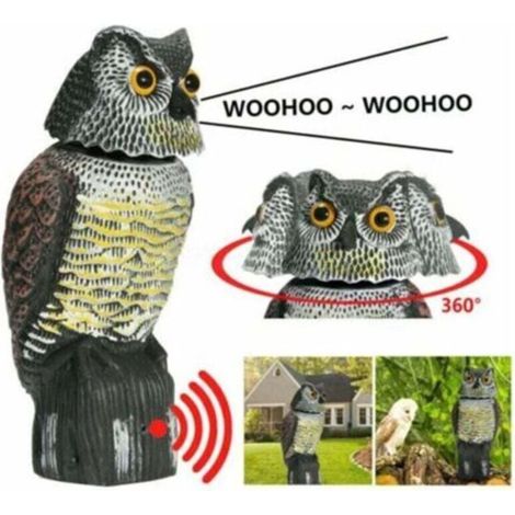 Realistische Vogelscheuche mit drehbarem Kopf, Geräuschen, Eulenmotiv, Insektenschutz, ideal für Gärten und Terrassen. (1/4)