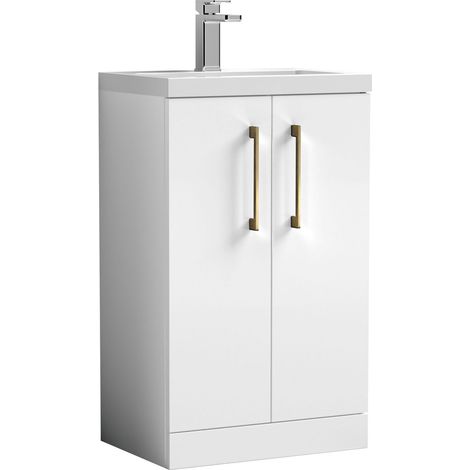 Balterley Bramshall Compact Bathroom Cloakroom Vanity Basin Unit with Polymarble Basin, Brushed Brass Handles, 500mm, Gloss White (1/5)