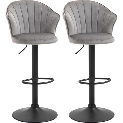Juego De 2 Taburetes De Bar Sillas De Bar Giratorias Con Respaldo Tacto Terciopelo Regulable En Altura Sin Brazos Espuma Gris 51,5X 57,5 X 93-114,5 Cm (1/5)