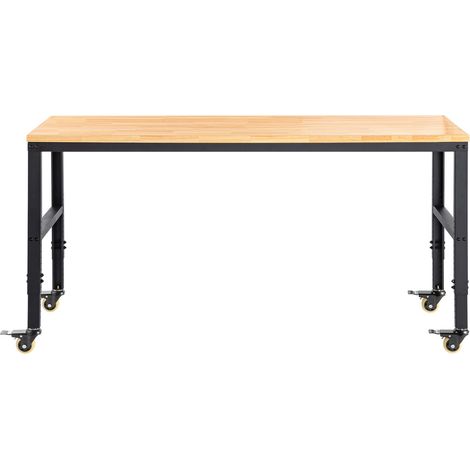 Banc de travail réglable en hauteur, 155 x 51 cm, avec plateau en bois dur et cadre métallique, capacité 720 kg, prises intégrées, roulettes pivotantes, pour atelier et bureau. (1/5)