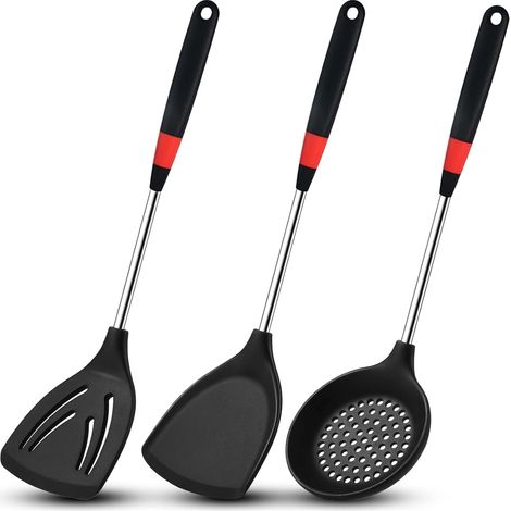 Set aus 3 Spateln aus Edelstahl und Silikon, darunter ein flexibler Wok-Spatel aus Silikon, ein Schaumlöffel und eine Antihaftbeschichtung für Küchen- und Backutensilien.