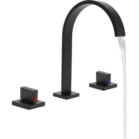 Robinet de salle de bain cascade, en laiton, noir, montage à 3 trous, 2 boutons, moderne, chaud/froid, 24,5 cm de hauteur, Pour salles de bains, cuisines, toilettes