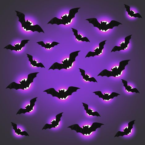 Lot de 24 autocollants LED chauve-souris pour Halloween - Violet - 3D - Avec batterie - Pour décoration intérieure et extérieure (1/5)
